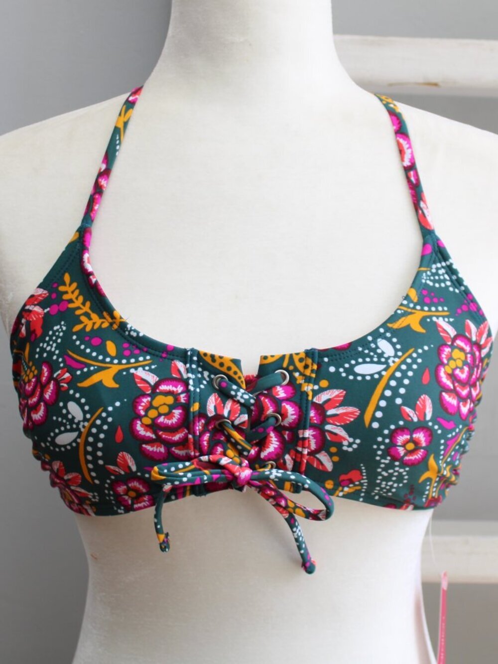 Xhilaration Lace Up Floral Bralette Bikini Top Jade Green Pink Size Medium NWT